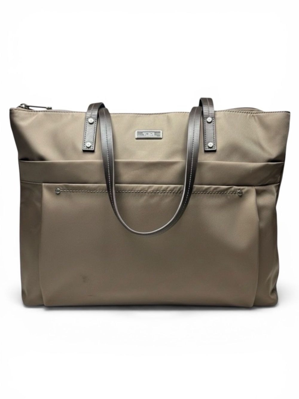 Tumi Cannes Nylon Tote Bag Olive Leather Trim Work Laptop Tote